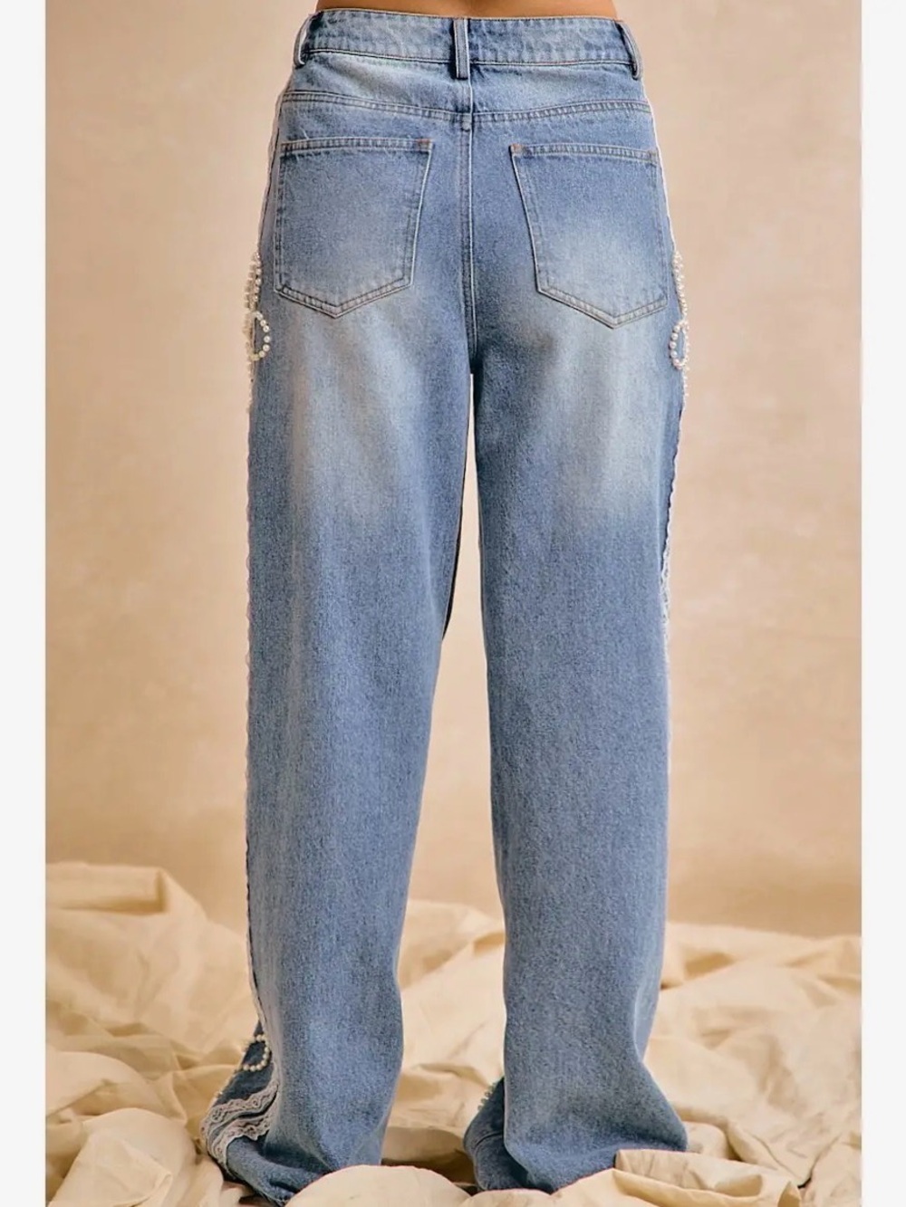Denim pearl floral lace trim boho wide leg barrel western contrast bohemian jean - Picture 5 of 5